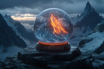 Crystal sphere, fiery peak, mountain range