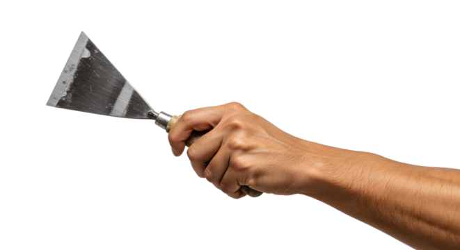 Holding metal scraper with wooden handle for home improvement work