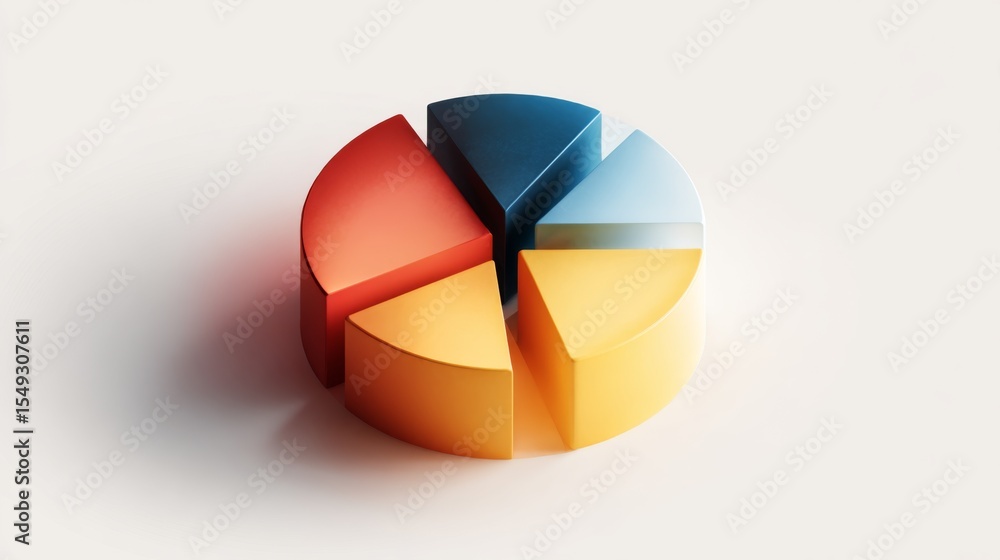 Poster A colorful D pie chart with segmented sections in vibrant shades, each piece slightly raised, casting soft shadows on a white background
