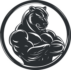Obraz premium Illustration of a muscular and fierce black panther with crossed arms inside a circle emblem