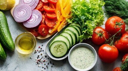 A colorful array of ingredients laid out for a salad, including greens, tomatoes, cucumbers, and dressing, showcasing the fresh aspects of healthy cooking.