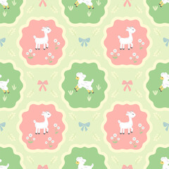A seamless pattern with baby goat and lamb in pastel floral frames and bows. Designed in soft colors, perfect for children s textiles, nursery themes, and print materials.