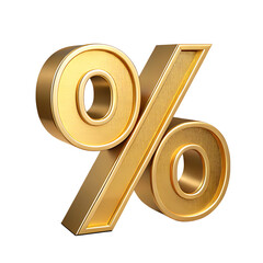 3d golden percent sign isolated on transparent background.