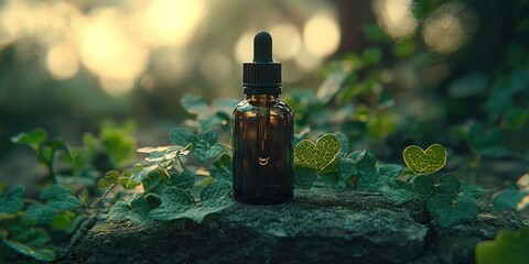 Dark amber dropper bottle rests on mossy rocks amongst lush greenery. Soft sunlight filters through the foliage