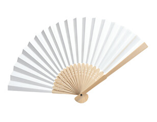 Elegant white folding fan with wooden handle.