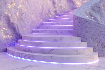 Curved marble staircase with purple neon lighting, set in a soft purple and gold cave-like environment