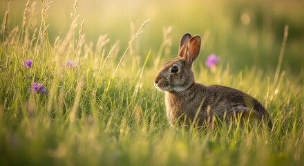 Wild Rabbit in Golden Hour Meadow