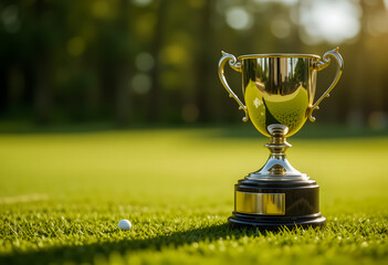 A gleaming golf trophy stands tall on the green, with a lone golf ball nearby, creating a moment of anticipation and high stakes before a decisive putt.
