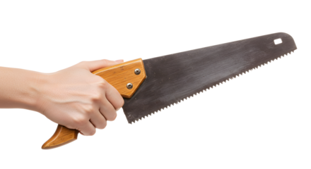 Holding a hand saw with a wooden handle on white background