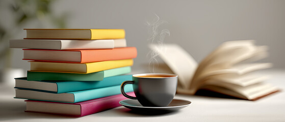 Naklejka premium Stack of colorful books and steaming coffee cup on white table with open book and autumn leaves in soft background, cozy reading atmosphere photography
