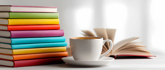 Naklejka premium Stack of colorful books and steaming coffee cup on white table with open book and autumn leaves in soft background, cozy reading atmosphere photography