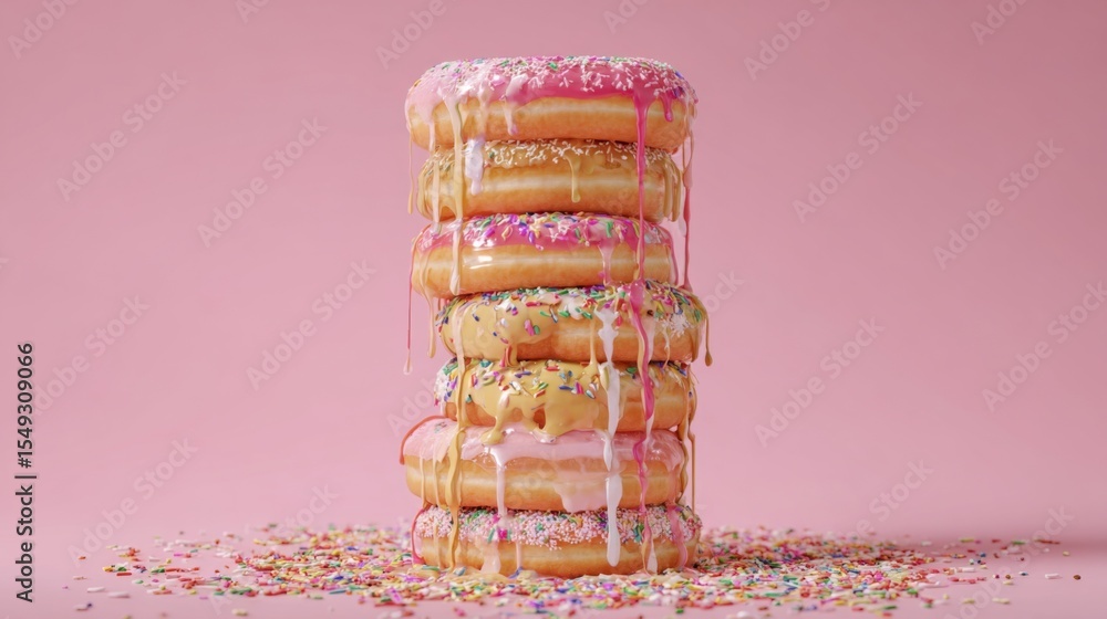 Aufkleber A creative composition of a donut tower stacked high, with sprinkles and icing dripping down the sides, creating a playful and indulgent dessert display.