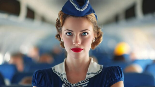 Vintage Air Hostess Portrait: A striking portrait of a retro air hostess, exuding charm and confidence, against a soft, blurred backdrop of an airplane interior, evoking the glamour of travel.