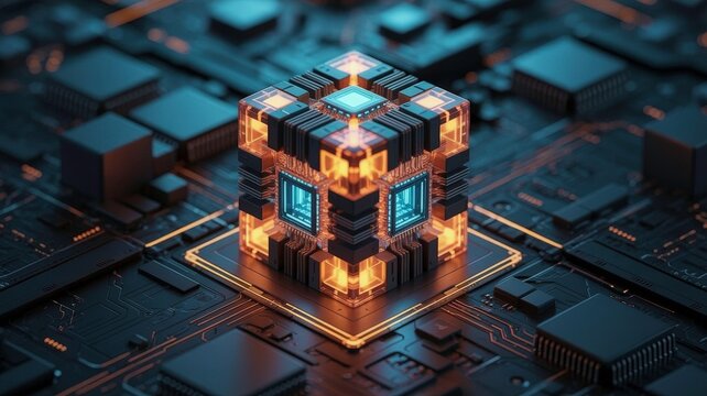 Futuristic Transparent Cube Representing Advanced Digital Technology and Circuit Innovation