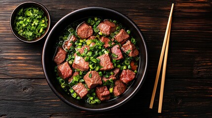 Dark bowl of cubed, cooked beef, topped with green onions, in a savory broth.  Small bowl of chopped herbs beside it.  Wooden chopsticks on dark wooden table