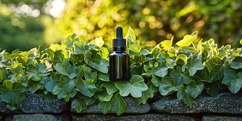 Dark bottle with dropper sits on stone wall amidst lush greenery