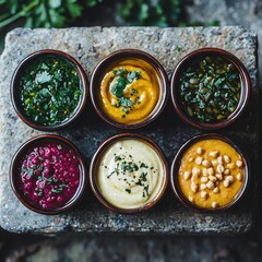 Assorted small bowls of vibrant dips