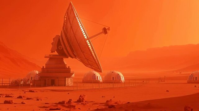 Large radio telescope positioned in rocky Martian landscape with dome habitats. Massive satellite dish captures interplanetary communications against orange-red terrain and distant mountain ranges.