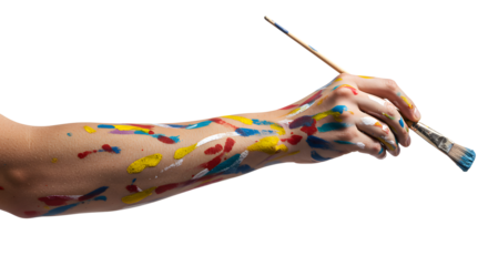 Holding Paintbrush with Colorful Paint Splatters on Arm and Hand