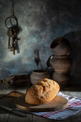 Fresh wheat bread on a rustic table