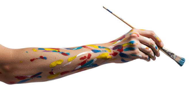 Holding Paintbrush with Colorful Paint Splatters on Arm and Hand