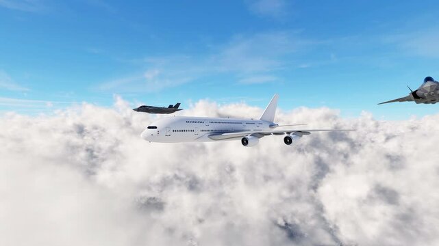 An aerial view of two unmarked fighter jets escorting a commercial airplane as it enters restricted foreign airspace.