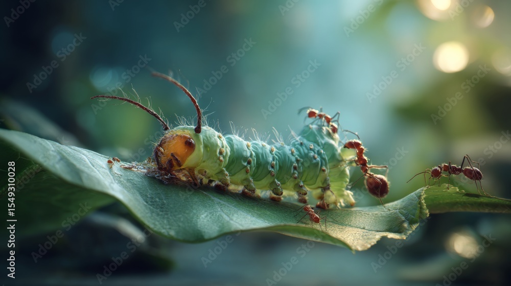 Poster a detailed shot of an insect, possibly a caterpillar, nibbling on a leaf with ants crawling around i