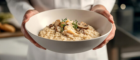 Chef presenting a bowl of creamy mushroom risotto garnished with herbs