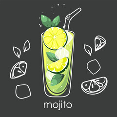 Mojito cocktail on a dark background. Classic refreshing drink with ice, lime and mint. Vector illustration.