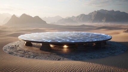 solar podium in desert research station. Renewable energy display platform. Copy space. Generative AI