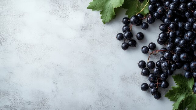 A visually appealing arrangement of fresh black grapes coupled with lush green leaves, elegantly displayed on a soft gray background, capturing the essence of nature's bounty and nourishment.
