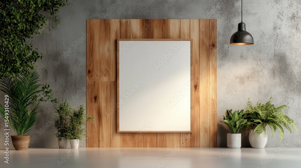 Poster a simple blank frame hangs on a wooden wall, surrounded by greenery and modern decor elements, creat