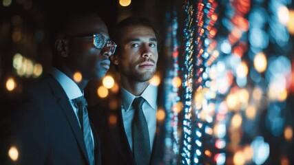 Business Professionals Admiring City Lights: Two well-dressed business professionals in formal attire stand amidst the illuminated cityscape, appreciating the vibrant lights.