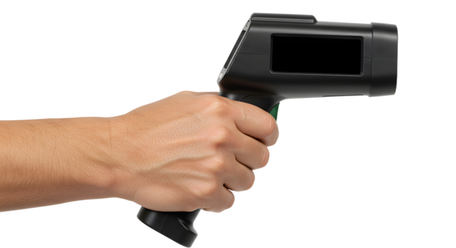 Holding infrared thermometer with human hand measuring temperature detection