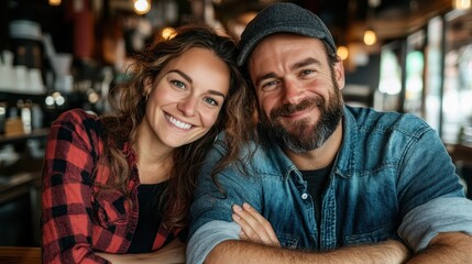 A joyful couple smiling at the camera, sitting close together in a cozy café, capturing a moment of love, companionship, and the warmth of shared experiences.