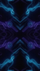 Abstract symmetrical pattern with turquoise and dark purple swirls against a dark background