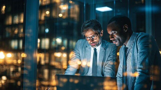 Strategic Alliance: Two dedicated business people collaborate late at night, illuminated by a laptop's glow and the city lights outside the window, signifying commitment and innovation.