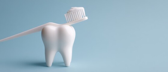 The toothbrush resting elegantly on a large, white tooth against a blue backdrop.