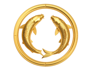 Two golden koi fish in circular emblem design.