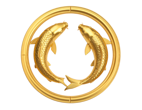 Two golden koi fish in circular emblem design.