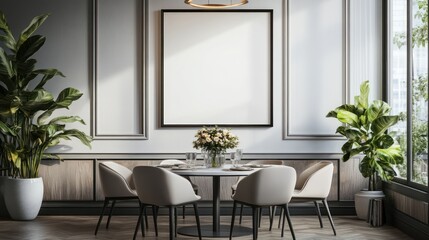 Elegant dining room, empty mockup frame, city view, restaurant interior, design presentation