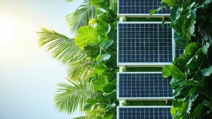Fototapeta premium Solar panels amidst lush green foliage in bright sunlight