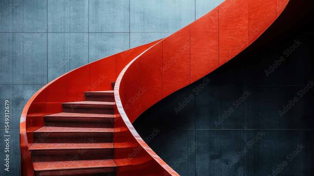 Poster this image showcases a stunning red spiral staircase set against a textured dark wall, creating a st