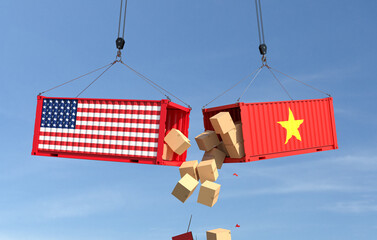 Trade conflict concept with American and Vietnam cargo containers crash. 3D illustration