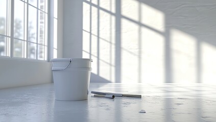 Fototapeta premium Empty room, white paint bucket, and rollers