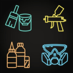 Craft and painting tools neon icon set