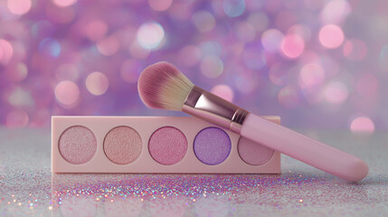 Naklejka premium Pink Makeup Palette and Brushes on Glittery Surface with Bokeh Background