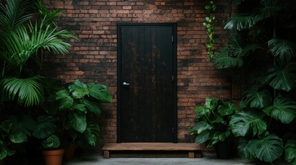 A captivating scene featuring a dark wooden door embraced by vibrant foliage, creating a sense of mystery and exploration in a tranquil environment filled with life.