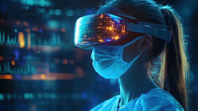 VR Healthcare Masked doctor using virtual reality headset, data visualization background