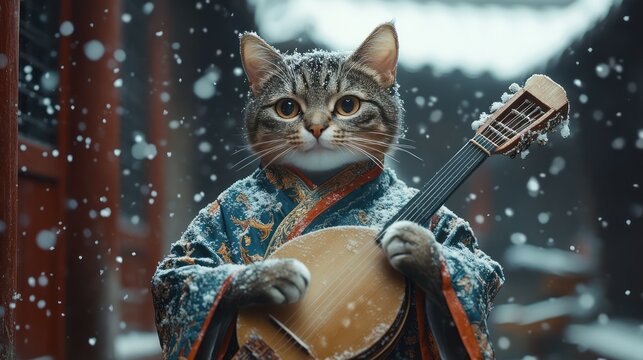 Snowing, Cat, Kimono, Banjo, Asian, Village, Winter, Music, Portrait, Festive